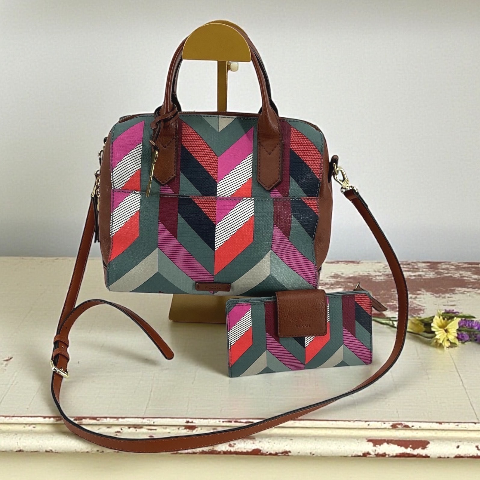 Fossil Geometric Print Satchel Crossbody Bag And Wallet Set Brown Leather Trim